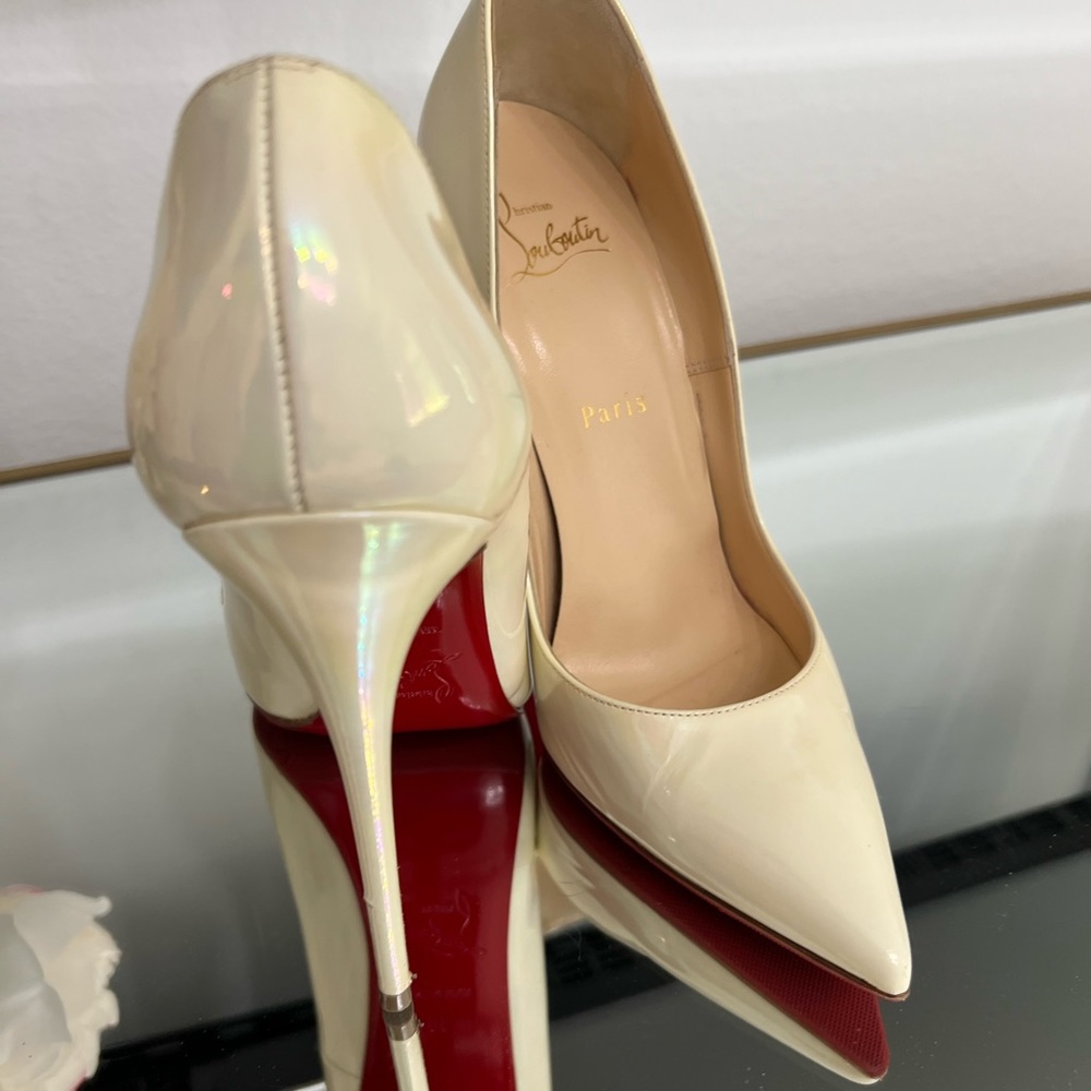 Christian Louboutin Ivory Patent Leather Pointed Toe Pumps with Red Soles